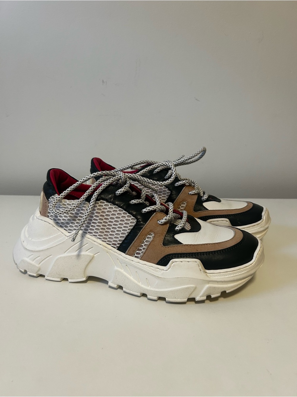 Tipe e Tacchi Leather Chunky Multi-Panel Sneakers in White, Blue & Brown